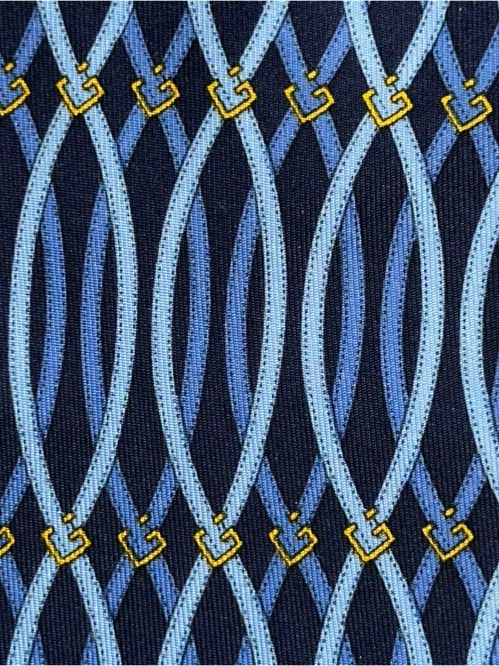 Gucci Navy Light Blue Gold G Logo Link Interlocking Print Silk Necktie Tie - Picture 5 of 12